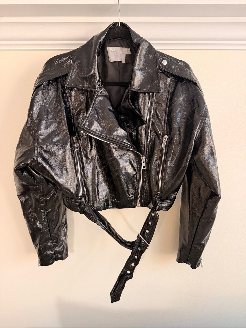 ASOS Black Cropped Patent Moto Jacket with Belted Waist